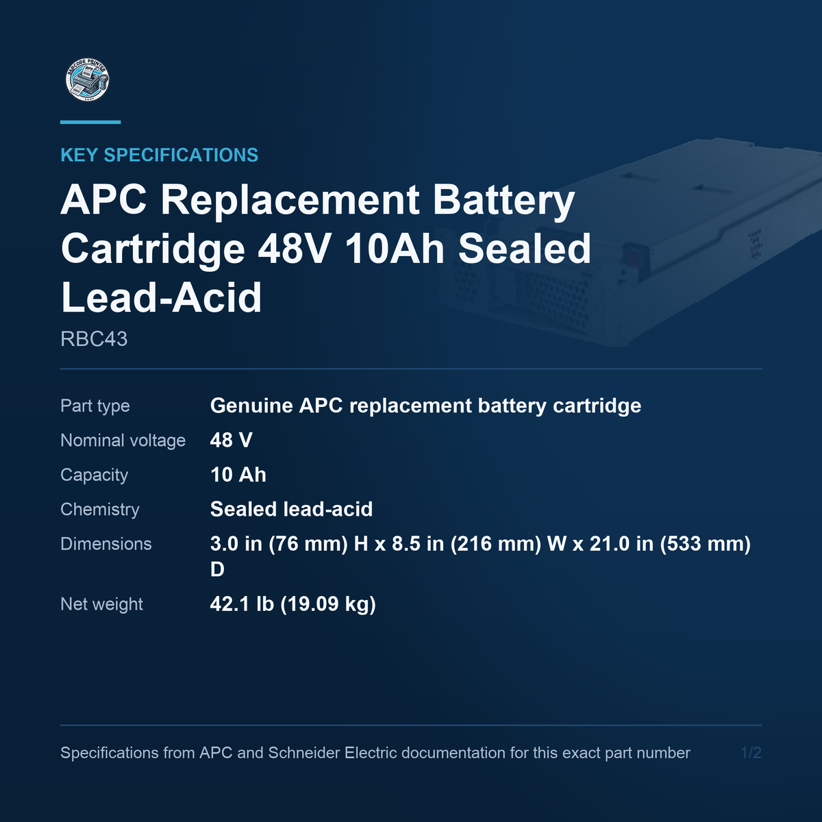 APC Replacement Battery Cartridge RBC43 key specifications