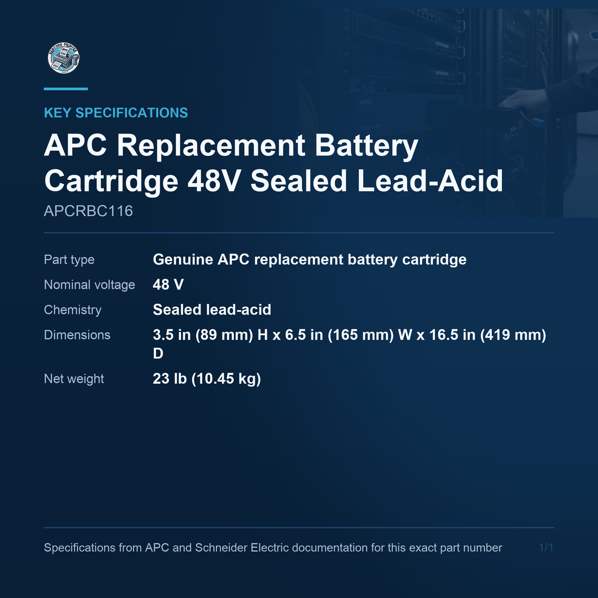 APC Replacement Battery Cartridge APCRBC116 key specifications