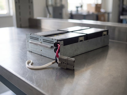 APC APCRBC132 replacement battery cartridge on a steel bench, connector end and vented tray side — AI-generated image