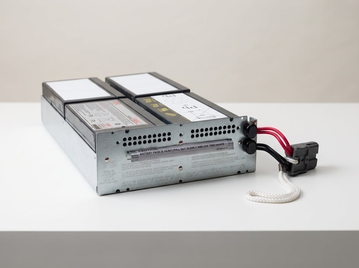APC APCRBC132 replacement battery cartridge on a white service bench, galvanised tray with grey connector — AI-generated image