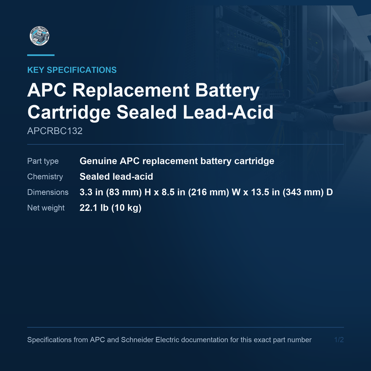 APC Replacement Battery Cartridge Sealed Lead-Acid APCRBC132 key specifications