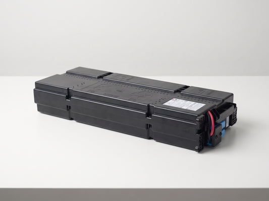 APC APCRBC155 replacement battery cartridge on a white service bench, black moulded case with blue connector — AI-generated image