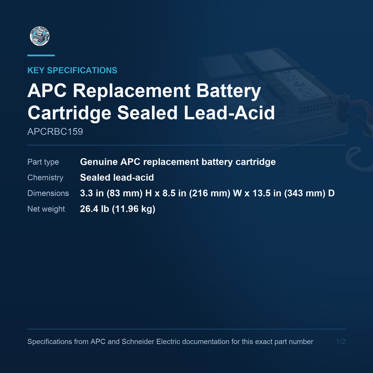 APC Replacement Battery Cartridge Sealed Lead-Acid APCRBC159 key specifications