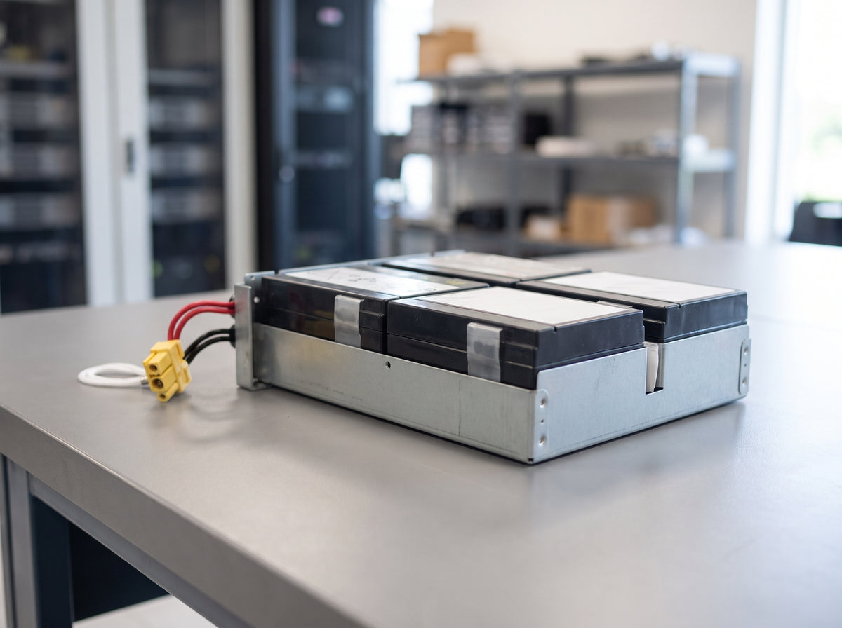 APC APCRBC159 replacement battery cartridge on a service bench in an equipment room, galvanised tray with yellow connector — AI-generated image