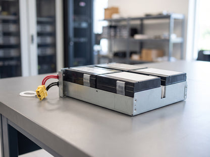 APC APCRBC159 replacement battery cartridge on a service bench in an equipment room, galvanised tray with yellow connector — AI-generated image