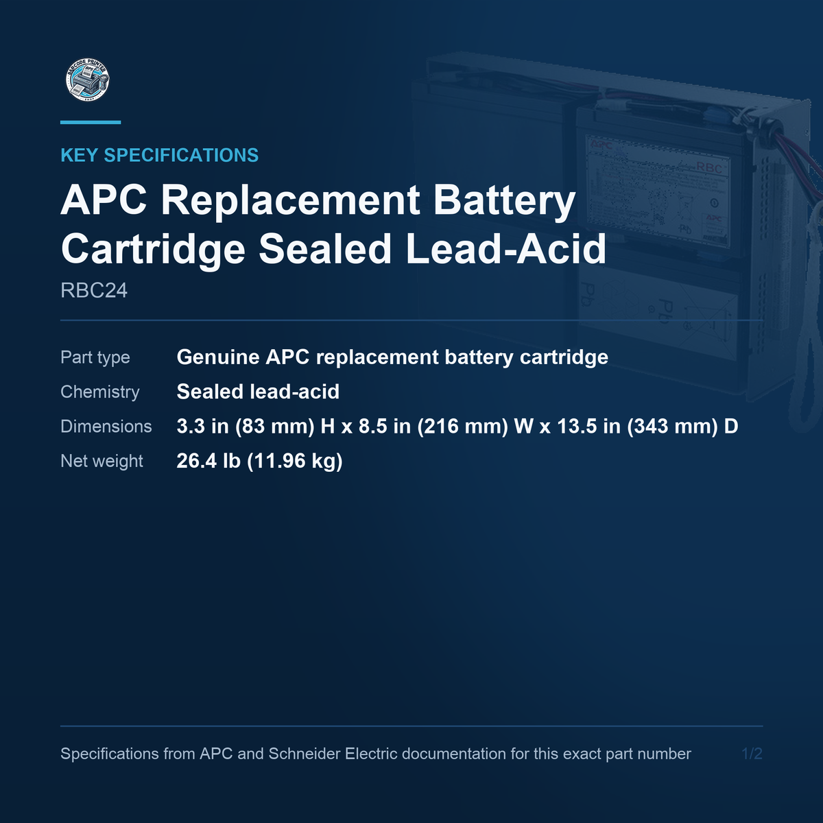 APC Replacement Battery Cartridge Sealed Lead-Acid RBC24 key specifications