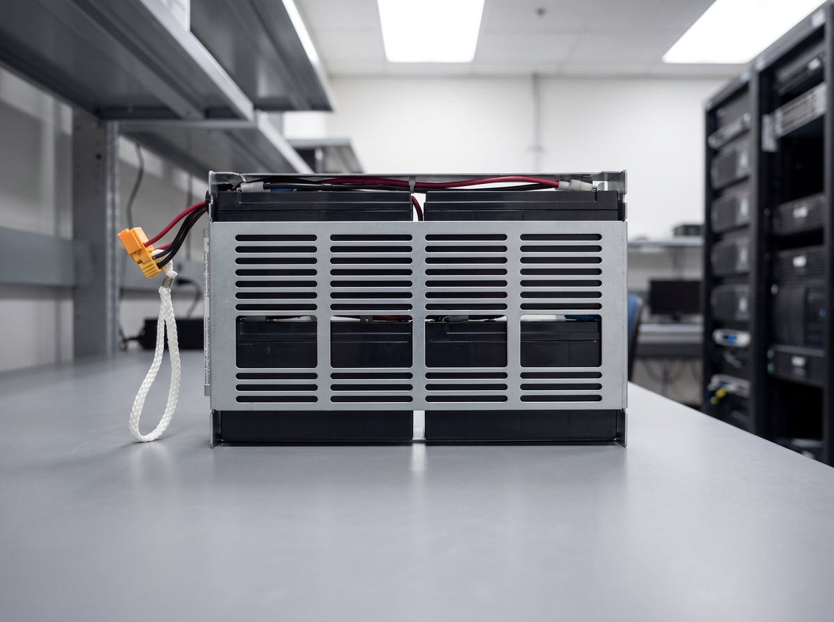 APC RBC24 replacement battery cartridge, four sealed lead-acid cells in a galvanised frame seen from the vented back — AI-generated image