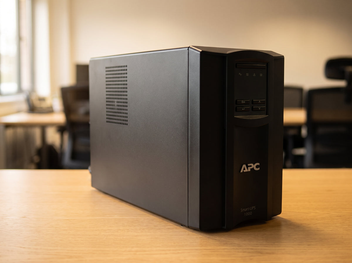 APC Smart-UPS SMT1000C tower UPS on a wooden desk, front panel with the display off — AI-generated image