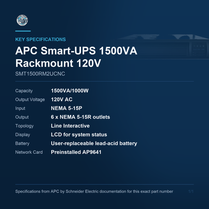 APC Smart-UPS 1500VA Rackmount 120V With SmartConnect SMT1500RM2UCNC key specifications