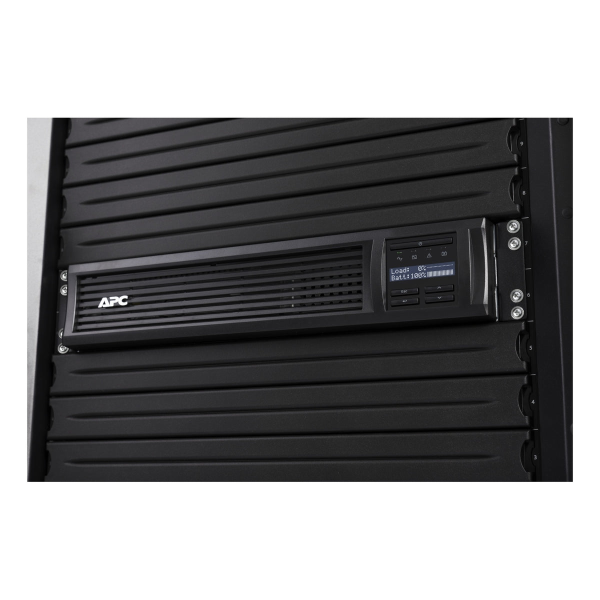 APC Smart-UPS SMT2200RM2UC, 2U rack-mounted front view showing the LCD status display