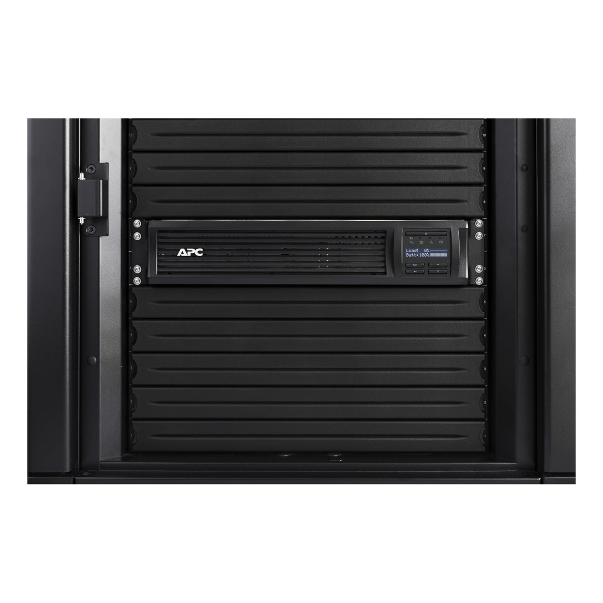 APC Smart-UPS SMT2200RM2UC installed in a NetShelter rack, front view