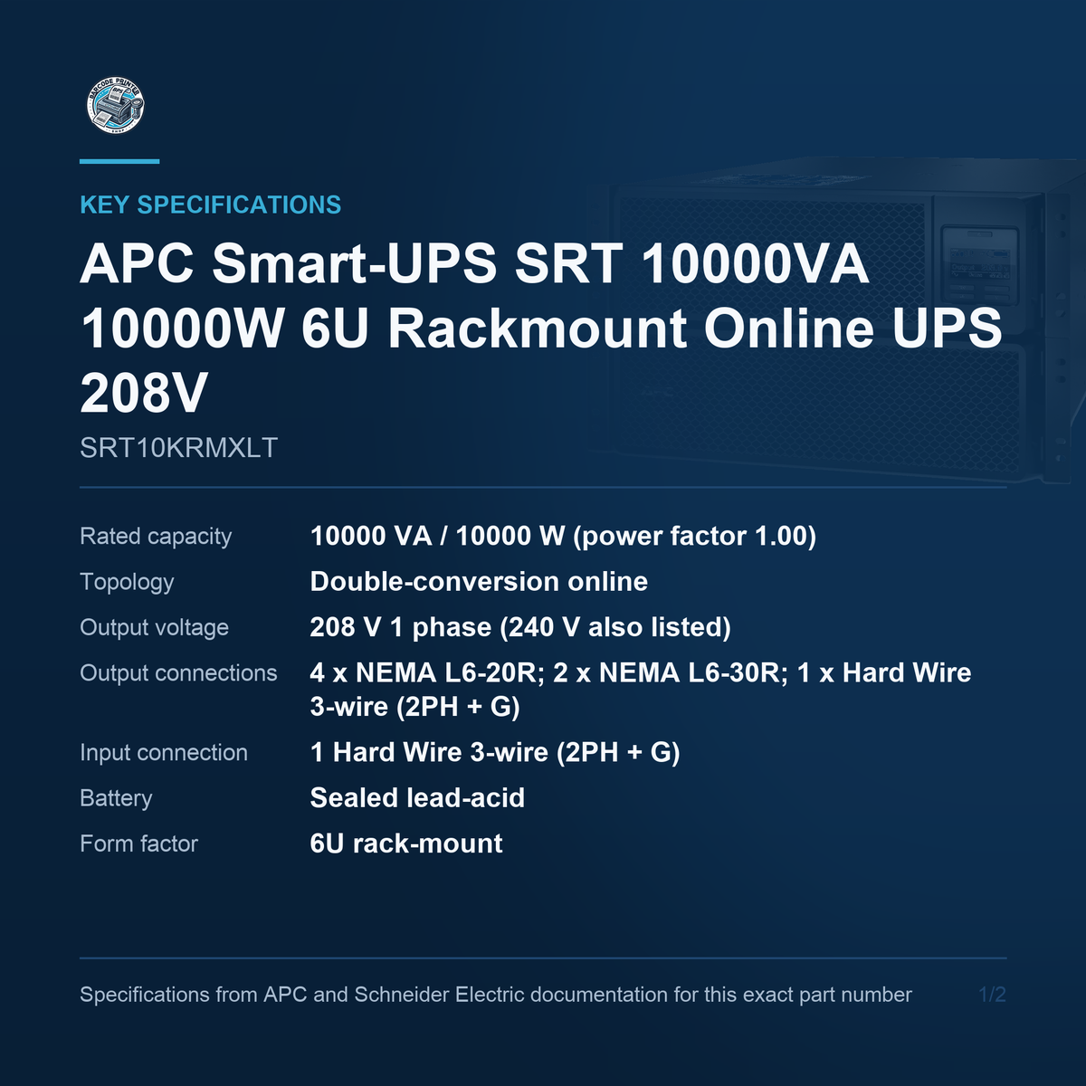 APC Smart-UPS SRT SRT10KRMXLT key specifications