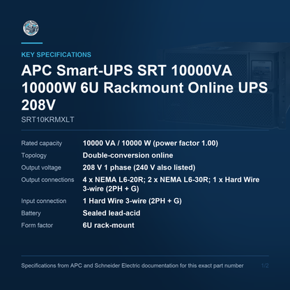 APC Smart-UPS SRT SRT10KRMXLT key specifications