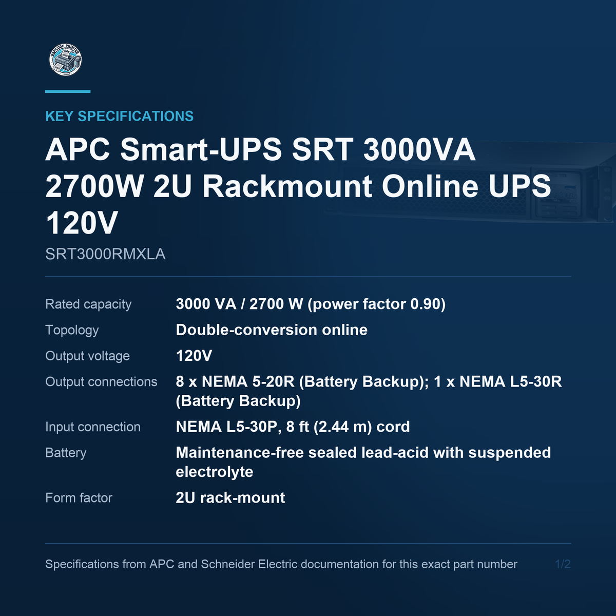 APC Smart-UPS SRT SRT3000RMXLA key specifications
