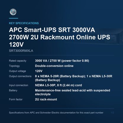 APC Smart-UPS SRT SRT3000RMXLA key specifications