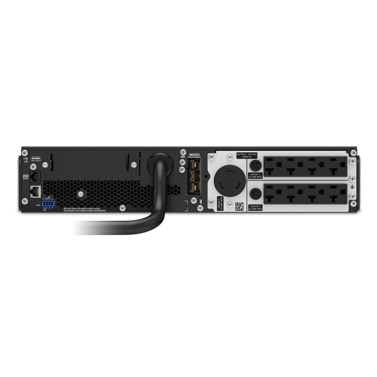 APC Smart-UPS SRT 3000VA 2700W 2U Rackmount Online UPS 120V rear view showing the connection panel