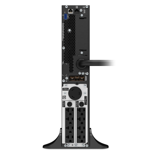 APC Smart-UPS SRT 3000VA — tower UPS rear panel showing the outlet groups and comms bays