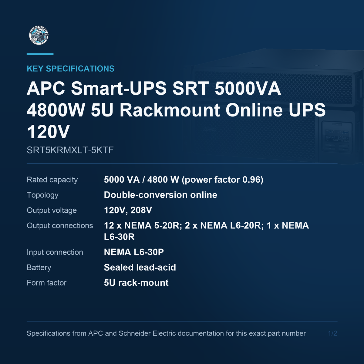 APC Smart-UPS SRT SRT5KRMXLT-5KTF key specifications