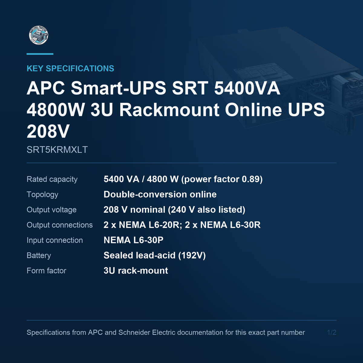APC Smart-UPS SRT SRT5KRMXLT key specifications
