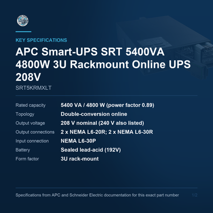 APC Smart-UPS SRT SRT5KRMXLT key specifications