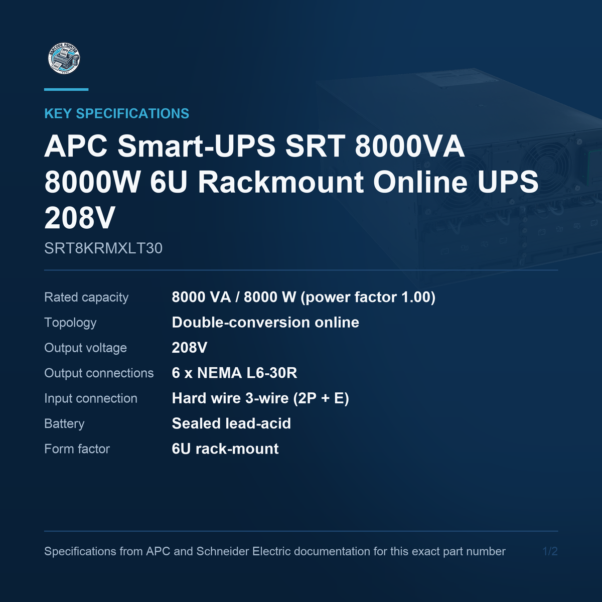 APC Smart-UPS SRT SRT8KRMXLT30 key specifications
