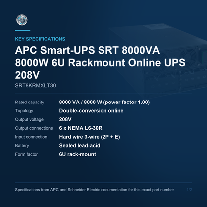 APC Smart-UPS SRT SRT8KRMXLT30 key specifications