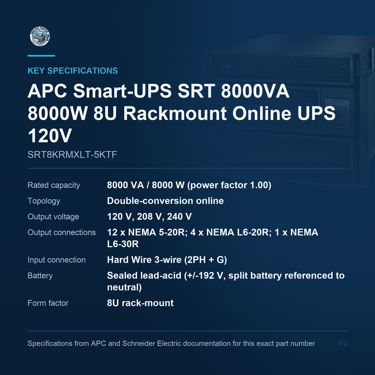 APC Smart-UPS SRT SRT8KRMXLT-5KTF key specifications