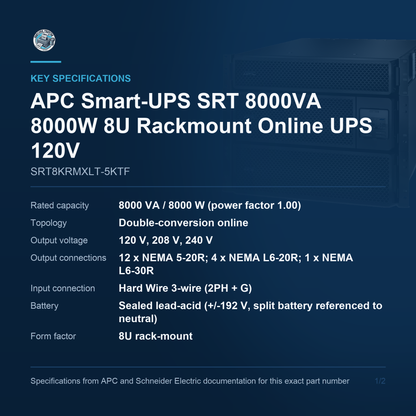APC Smart-UPS SRT SRT8KRMXLT-5KTF key specifications