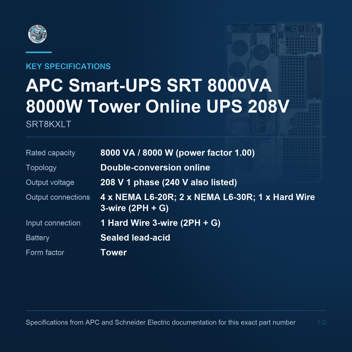 APC Smart-UPS SRT SRT8KXLT key specifications