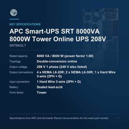 APC Smart-UPS SRT SRT8KXLT key specifications