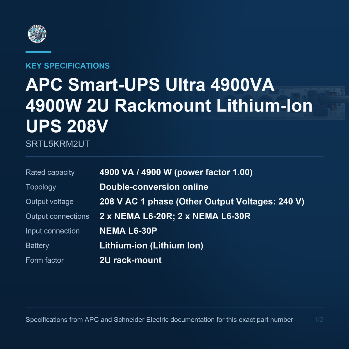 APC Smart-UPS Ultra SRTL5KRM2UT key specifications