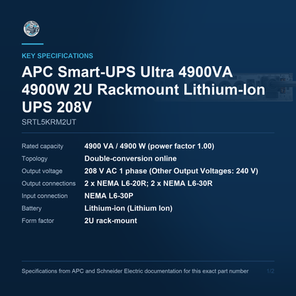 APC Smart-UPS Ultra SRTL5KRM2UT key specifications