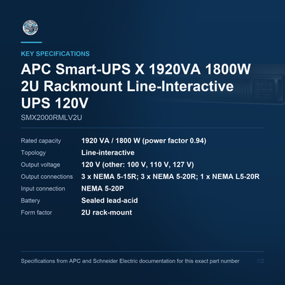 APC Smart-UPS X SMX2000RMLV2U key specifications