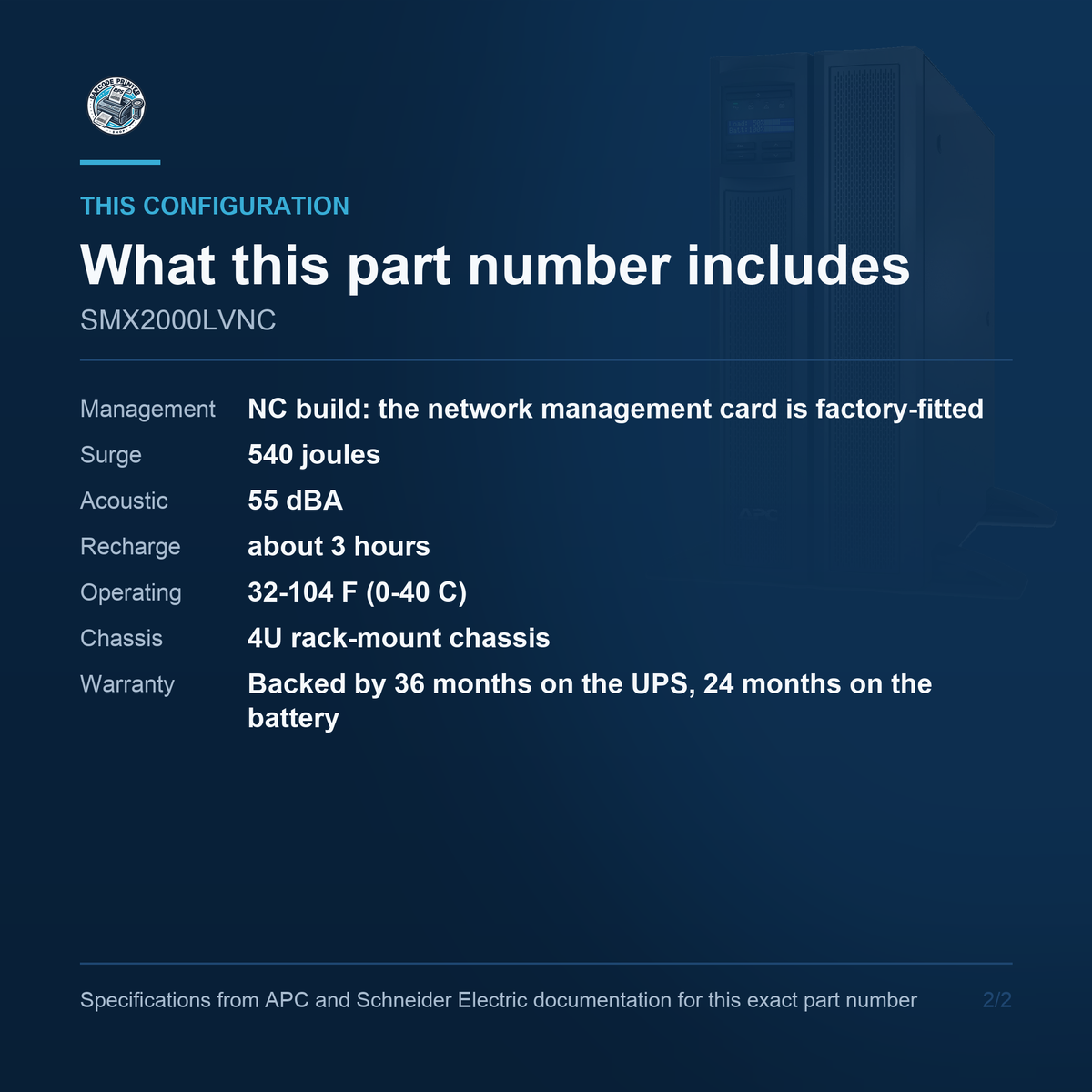 APC Smart-UPS X SMX2000LVNC configuration and what ships