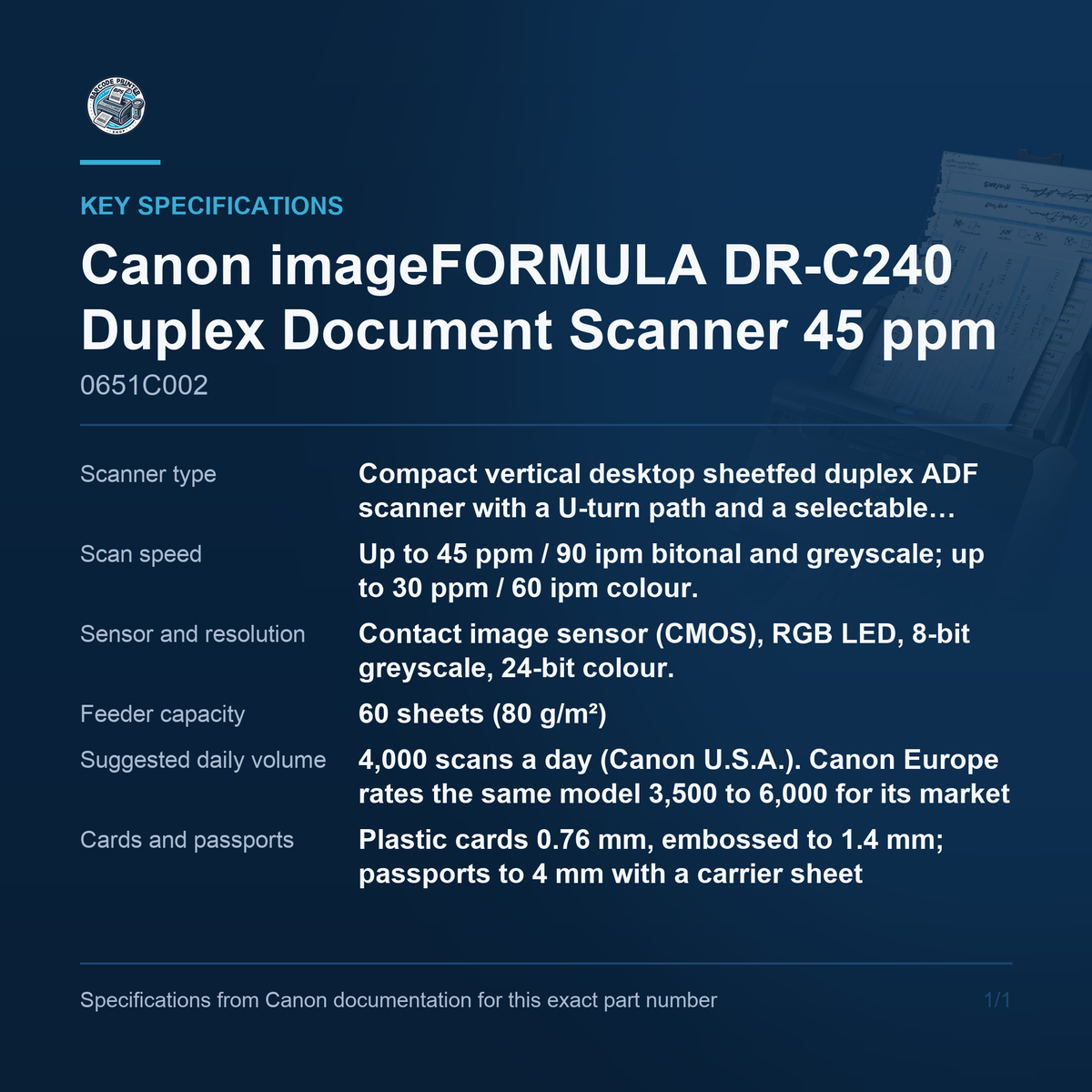 Canon imageFORMULA DR-C240 Duplex Document Scanner 45 ppm 0651C002 key specifications