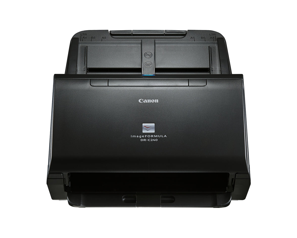 Canon imageFORMULA DR-C240 office document scanner in black, front three-quarter view
