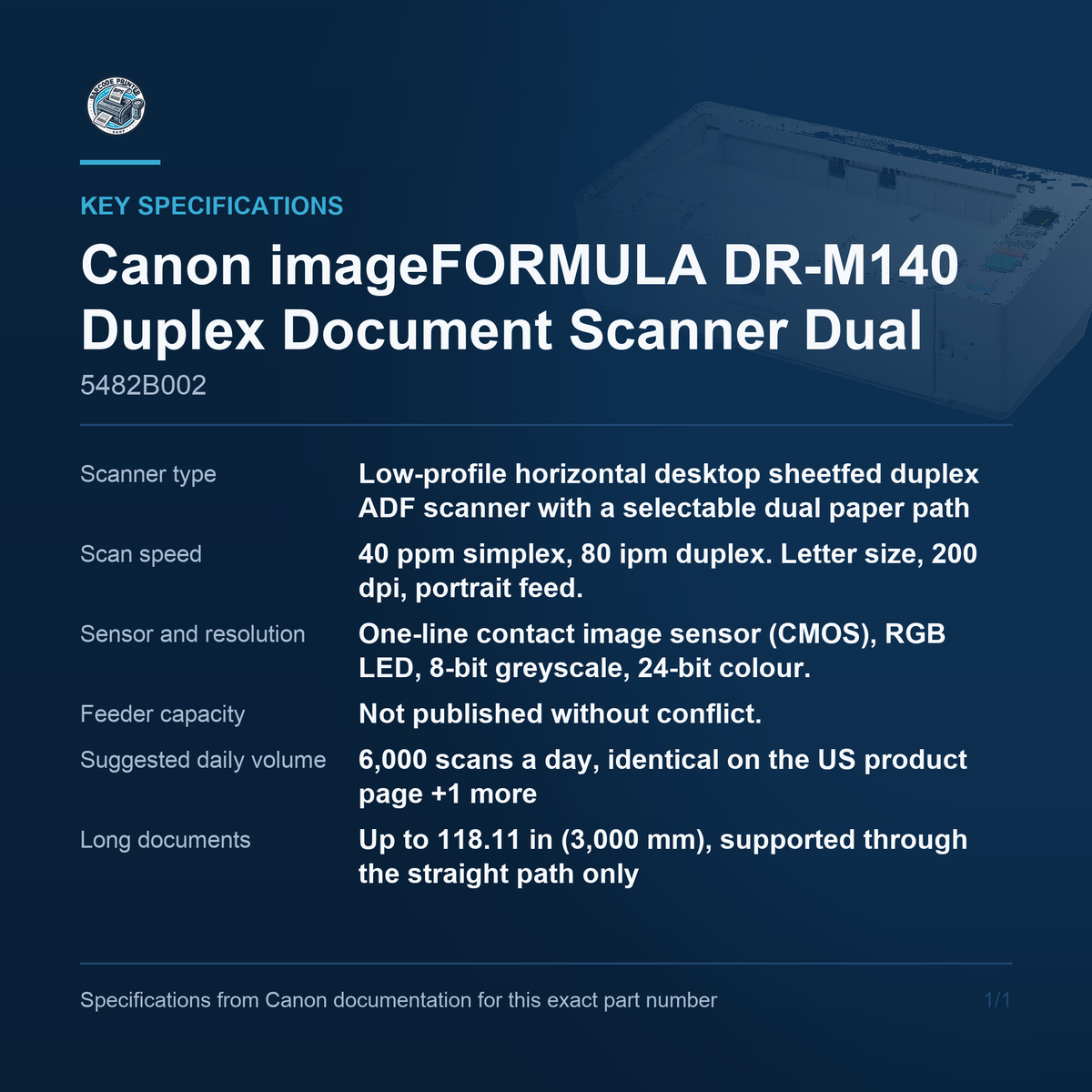 Canon imageFORMULA DR-M140 Duplex Document Scanner Dual 5482B002 key specifications