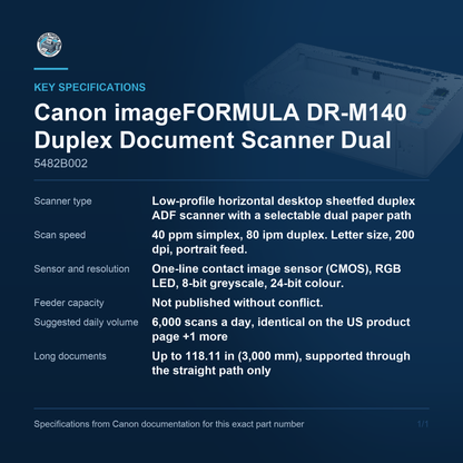 Canon imageFORMULA DR-M140 Duplex Document Scanner Dual 5482B002 key specifications