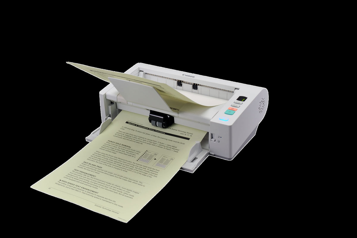 Canon imageFORMULA DR-M140 scanning a document through the straight paper path