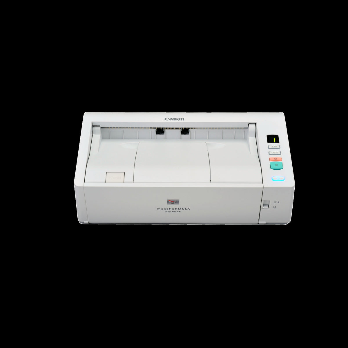 Canon imageFORMULA DR-M140 document scanner, front angled view with the tray closed