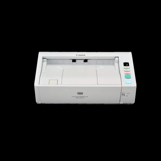 Canon imageFORMULA DR-M140 document scanner, front angled view with the tray closed