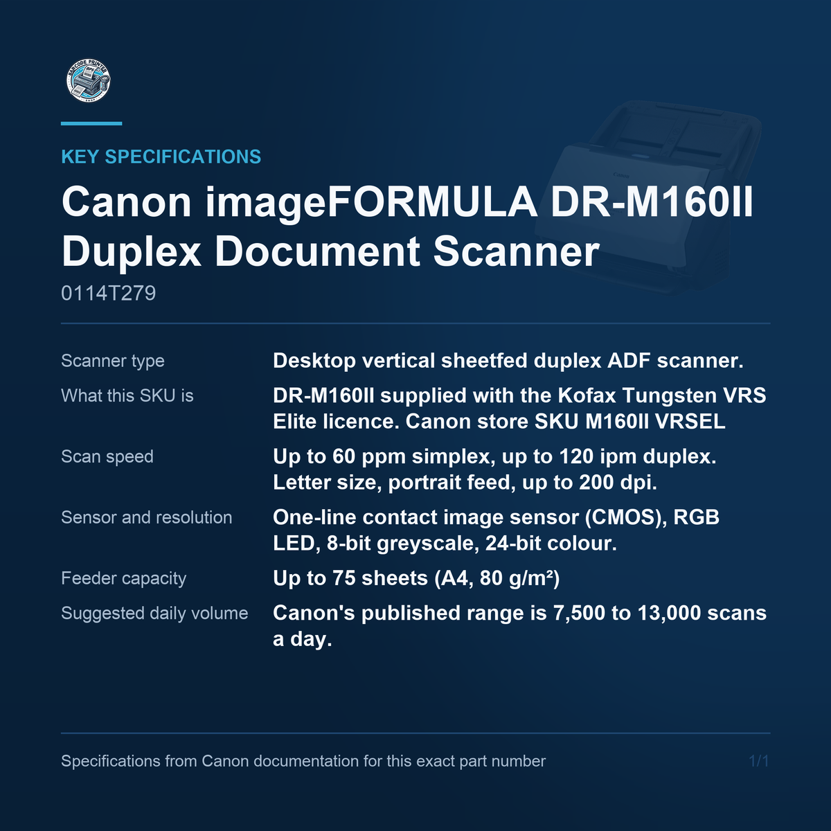 Canon imageFORMULA DR-M160II Duplex Document Scanner Bundled 0114T279 key specifications