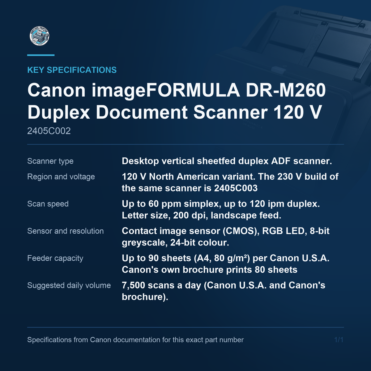 Canon imageFORMULA DR-M260 Duplex Document Scanner 120 V 2405C002 key specifications