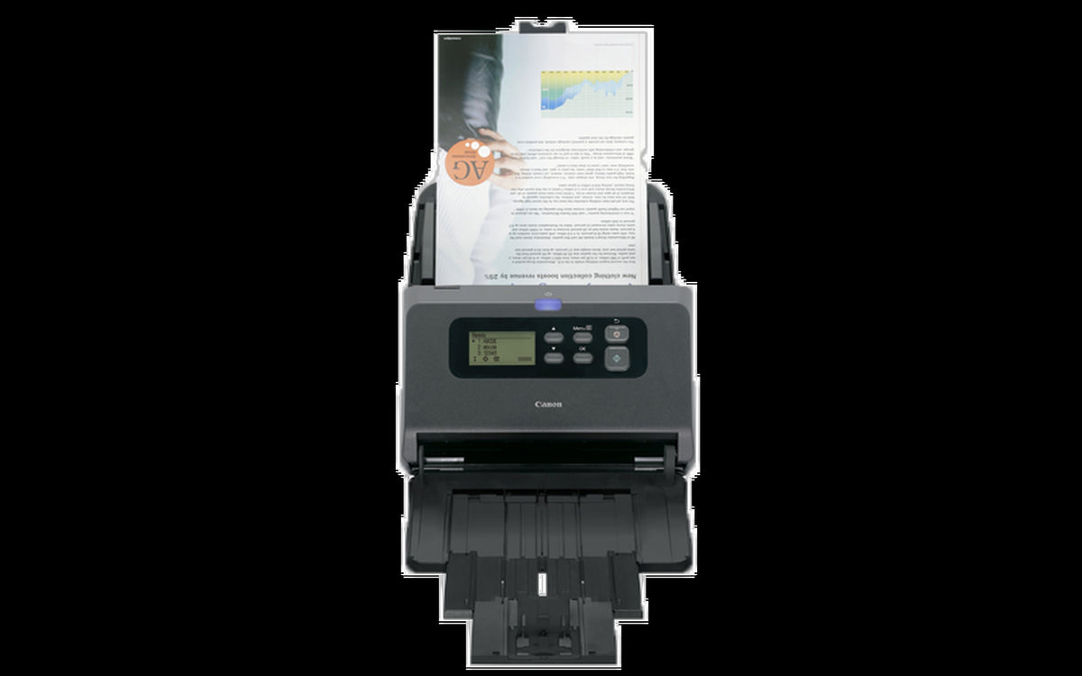 Canon imageFORMULA DR-M260 scanning a stack of documents from the feed tray