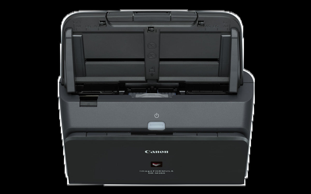 Canon imageFORMULA DR-M260 document scanner, angled view with the feed tray open