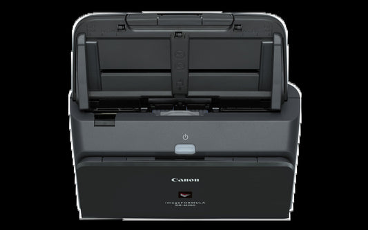 Canon imageFORMULA DR-M260 document scanner, angled view with the feed tray open