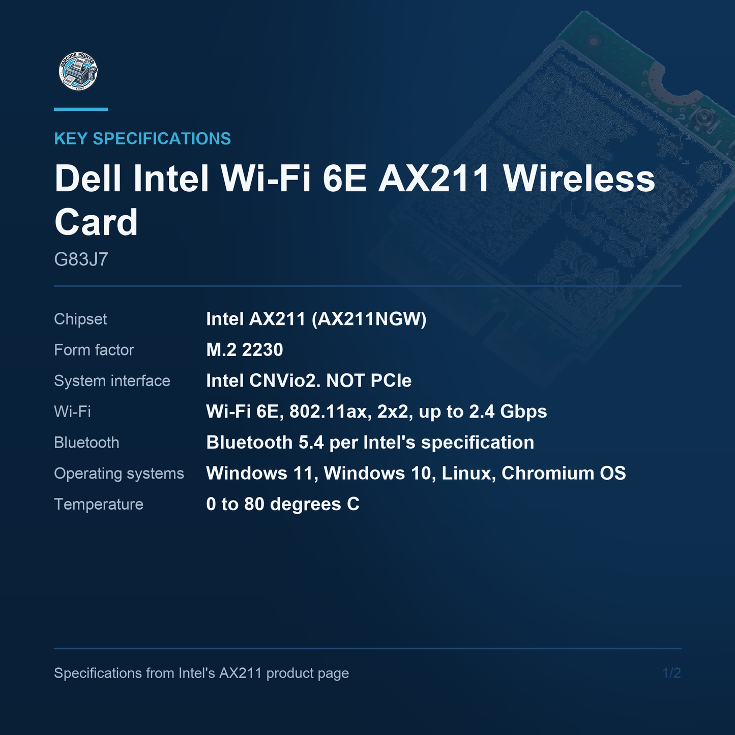 Dell Intel Wi-Fi 6E AX211 Wireless Card G83J7 key specifications
