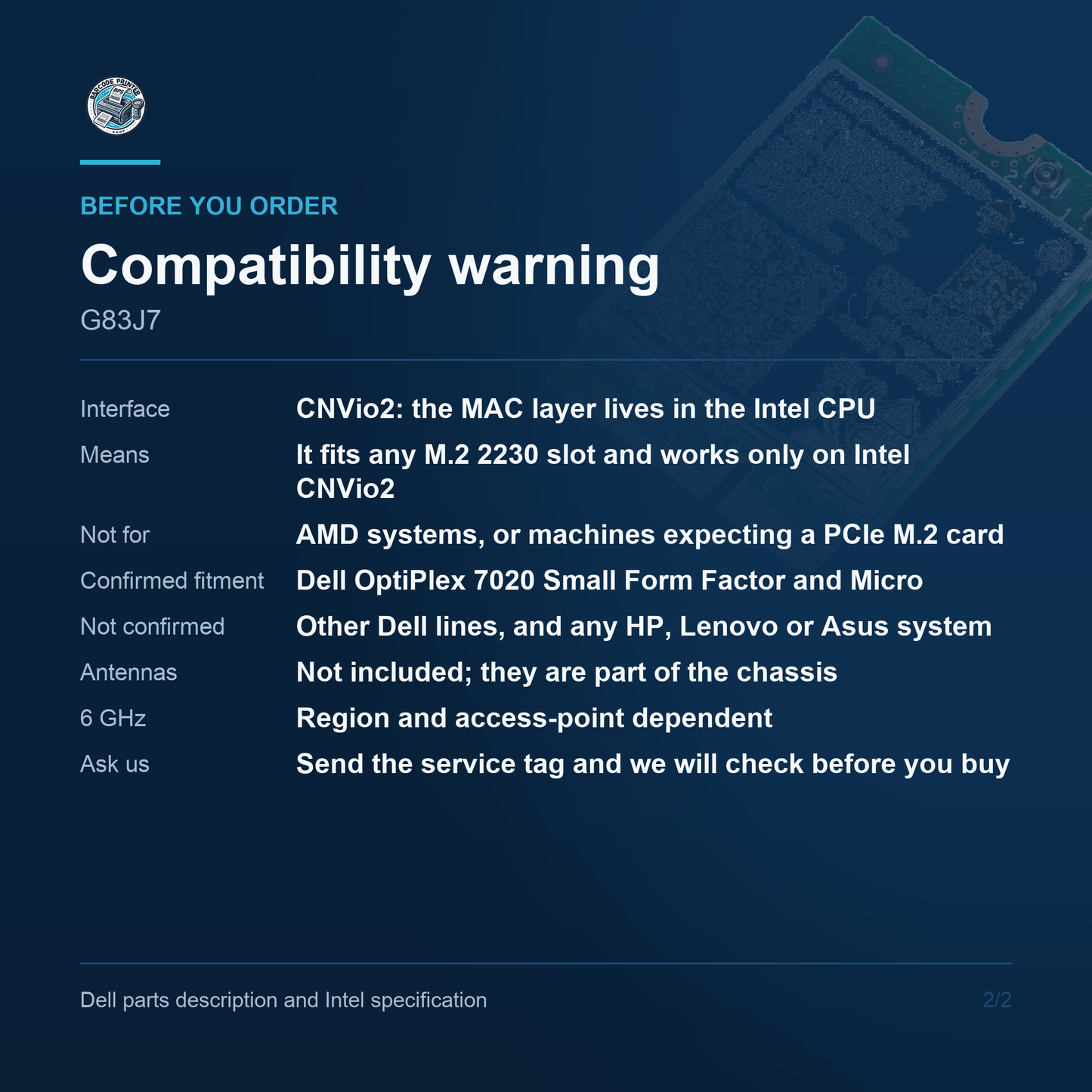 Dell Intel Wi-Fi 6E AX211 Wireless Card G83J7 - Compatibility warning