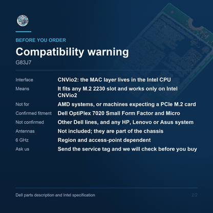 Dell Intel Wi-Fi 6E AX211 Wireless Card G83J7 - Compatibility warning