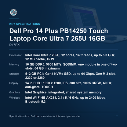 Dell Pro 14 Plus PB14250 Touch Laptop Core Ultra 7 265U 16GB D17PX key specifications